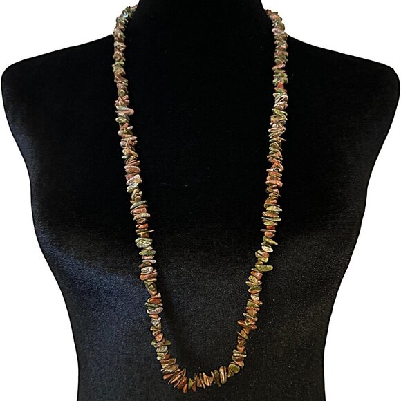 Unakite Necklace Long Strand Pink Green Natural Stone 34 Inch Length - Picture 1 of 4